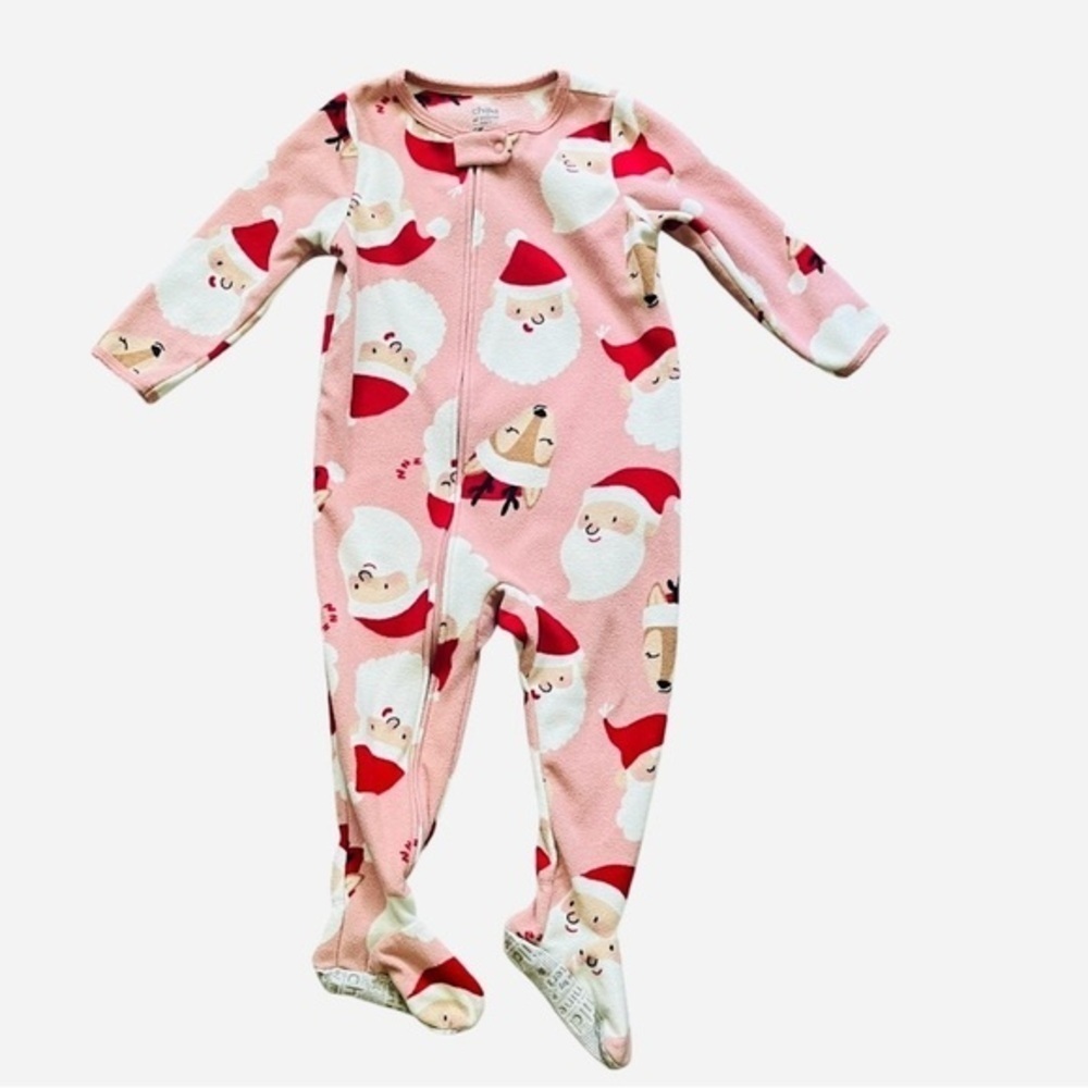 Carter’s pink fleece footie sleeper pajamas with Santa Claus face zip Girl 18M